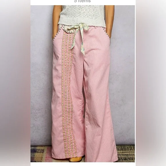 NEW Pol Double Gauze Lace Floral Trim Buckle Back Pants Drawstring Pink Stripe - Picture 6 of 12